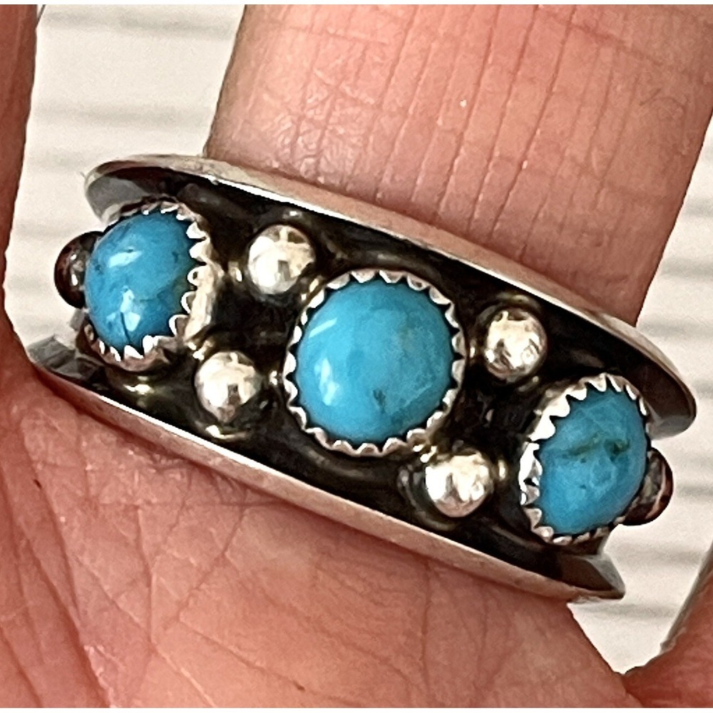 Navajo Turquoise Mens Band Sz 12.5 Three Stone Ring 12mm Sterling Dark Native 5g